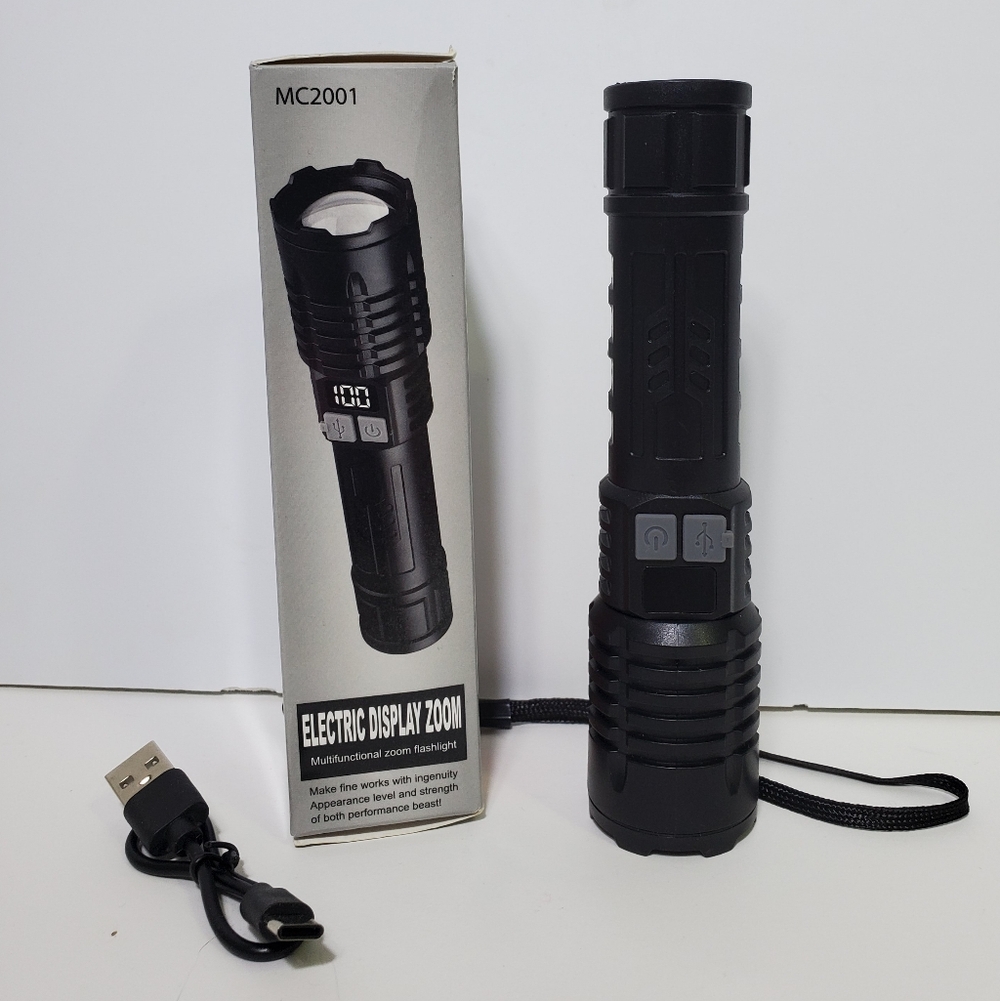 MC2001 Digital Zoom Flashlight - Black Rechargeble Home Outdoor Travel Light